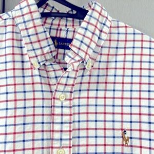 Red white and blue checkered Polo button down shirt